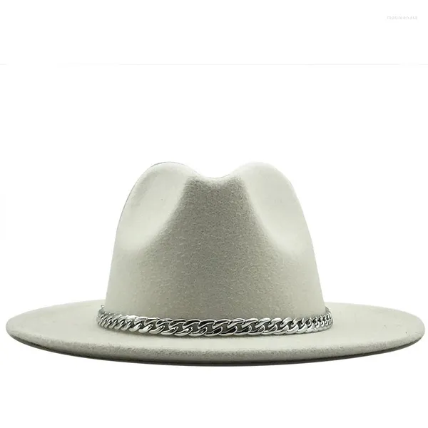 Berets Qualidade Ampla Brim Fedora Chapéu Mulheres Homens Imitação De Lã Chapéus Com Corrente De Metal Decoração Panamá Fedoras Chapeau Sombrero 58-60cm