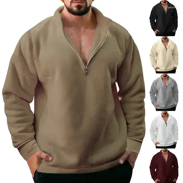 Männer Hoodies 2024 Herbst Plüsch Stehkragen Lose Anliegende Hoodie Für Casual Halb Vorne Offen Mit Reißverschluss Einfarbig warme Pullover