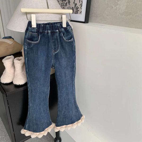 Hosen Mädchen Hosen Kinder 2024 Winter Koreanischen Stil Mädchen Süße Wind Jeans Ausgestelltes Fleece Gefüttert Casual Mode