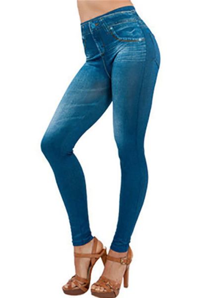 Cuhakci moda jeggings push up fitness magro feminino leggings falso denim jeans sem costura cintura alta lápis calças elásticas