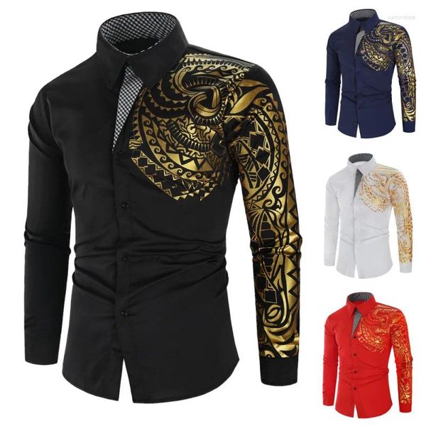 Мужские повседневные рубашки 2024, внешняя торговля, осень/зима, с золотым тисненным тотемным принтом, тонкие с длинными рукавами