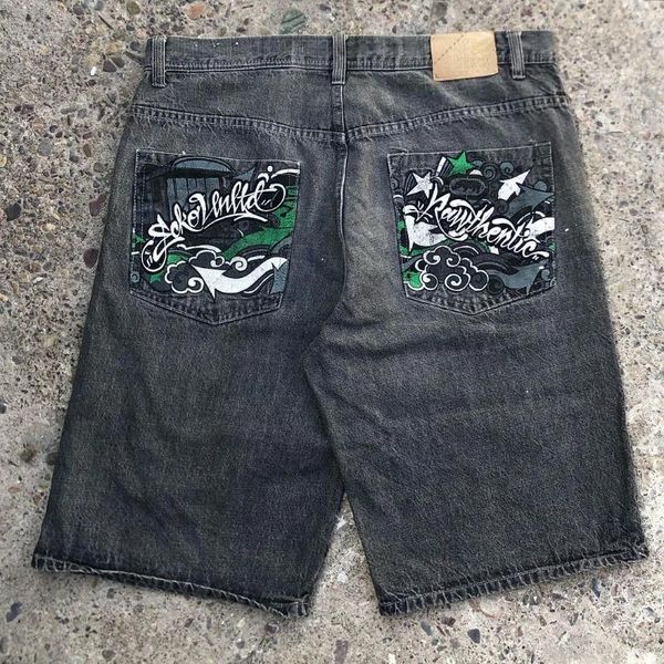 Shorts masculinos americano retro gótico tendência impressão bordado padrão denim homens soltos calças retas rua rap hip-hop estilo