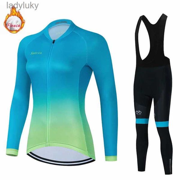 Bisiklet Jersey Setleri 2023 Kadın Kış Termal Polar Kış Bisiklet Giysileri Uzun Kollu Jersey Takım Triatlon Açık Binicilik Bisiklet MTB Giyim Setl240108