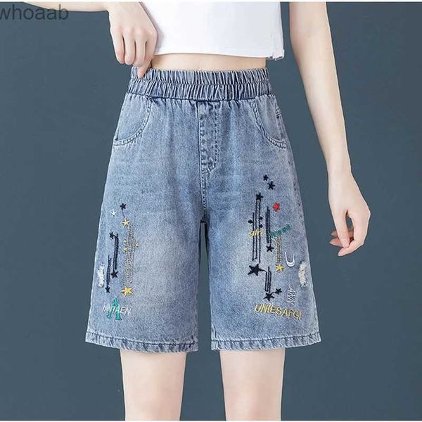 Frauen Shorts Sommer Ausgefranste Cartoon Brief Stickerei Jeans Frau Weibliche Hellblau Gerade Elastische Taille Denim Shorts Ripped jean femme YQ240108