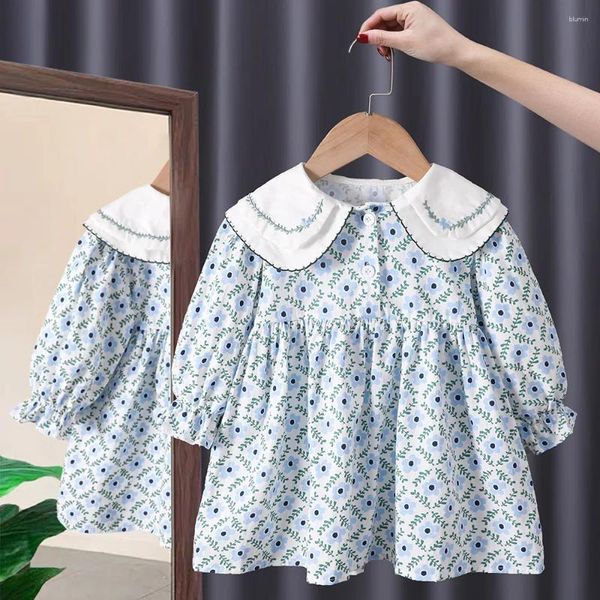 Mädchen Kleider 2024 Frühling Und Herbst Baby Puppe Hals Langarm Kleid Koreanische Ausgabe Kleine Frische Fragmentierte Blume