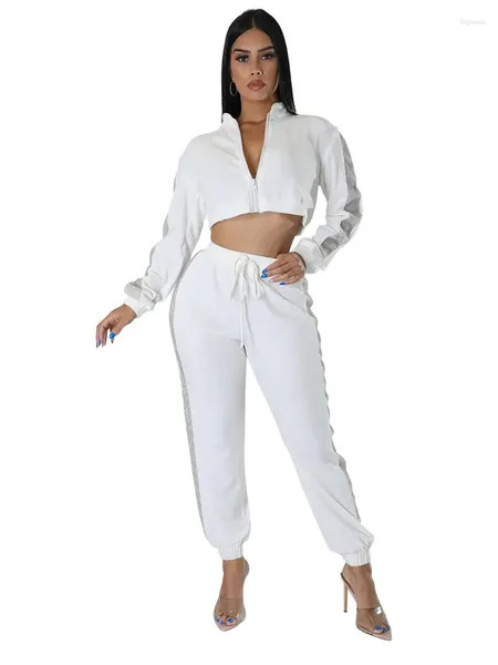 Pantaloni a due pezzi da donna Szkzk Nero Bianco Abiti da donna sexy Manica lunga Cerniera Top corto e Streetwear Set da jogging a vita alta