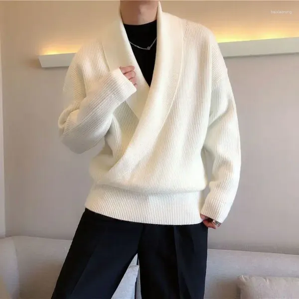 Мужские свитера 2024, осенне-зимняя мода, однотонный большой кулон с v-образным вырезом и персонализированным свободным ленивым повседневным вязаным свитером