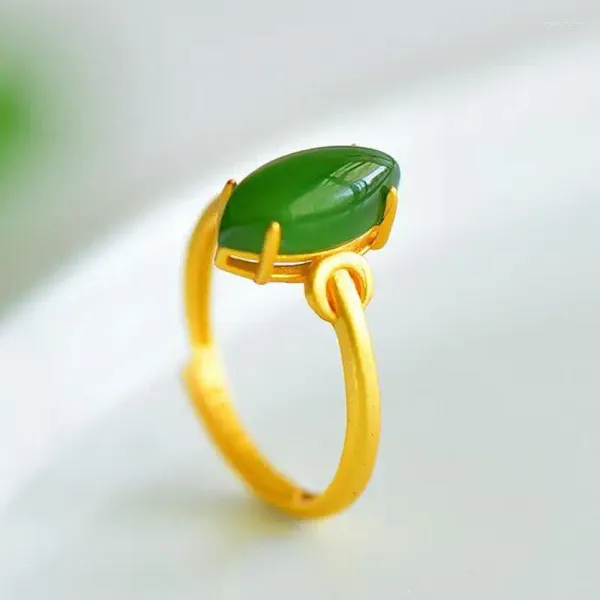 Anelli a grappolo Grado A Giada verde S925 Anello in argento sterling Donna Pietra preziosa curativa Gioielleria raffinata Giade di Hetian Nefrite Dorato Regolabile