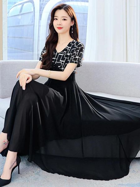 Partykleider Lässiges schwarzes Chiffon-langes Kleid Sommerkleidung für Frauen 2024 Koreanisches elegantes Blumenurlaubs-Abschlussball-Strand-Maxi-Abend