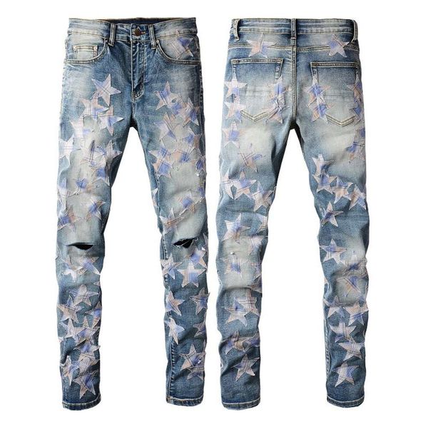 Pantaloni firmati da uomo Jeans viola Jeans strappati Amris High Street in pelle Star Trend High Craft Stretch Fit #874