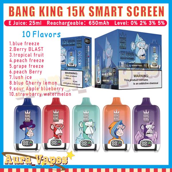 BANG KING 15000 Puff SMART SCREEN Einweg-Vape-Stift 25 ml Pod Mesh Coil 650 mAh Batteriegerät Großhandel Vape Puffs 15000 elektronische Zigarette