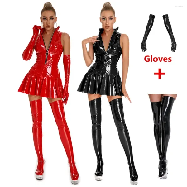 Lässige Kleider Frauen sexy glänzende Leder -Schlupfkleid Dame Erotikforming Flecken kurzer Reißverschluss Porno Brust exponieren Latex Mini