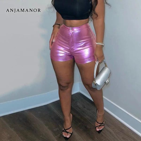 Saias Anjamanor Sexy Hot Rosa Metálico Pu Couro Shorts Streetwear Moda Roupas Shorts de Cintura Alta para Mulheres Frete Grátis D82cd13