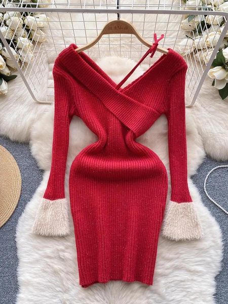 Casual Kleider YuooMuoo Koreanische Mode Jahr Rot Party Kleid Herbst Winter Langarm Dünne Elastische Bodycon Mini Streetwear Outfits