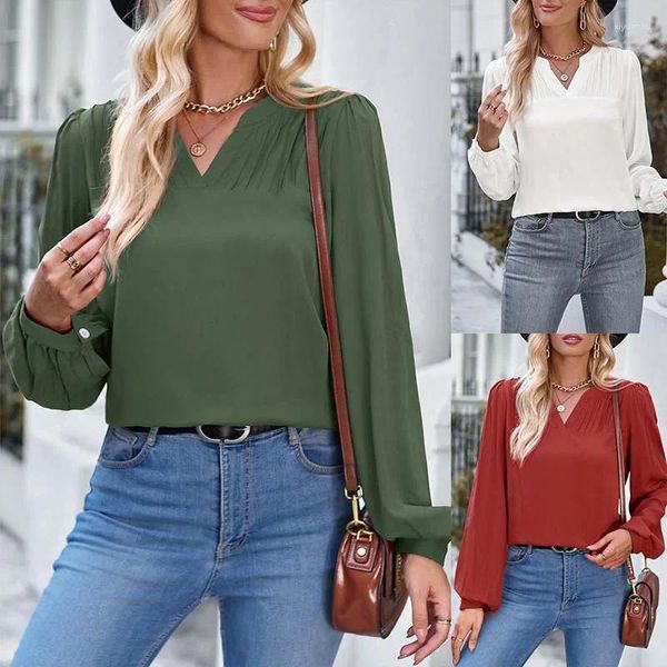 Damenblusen 2024 Freizeit V-Ausschnitt Lose Einfarbig Langarmshirt Für Damen Mode Lässig Elegant Bürodame Rot Grün Weiß Tops