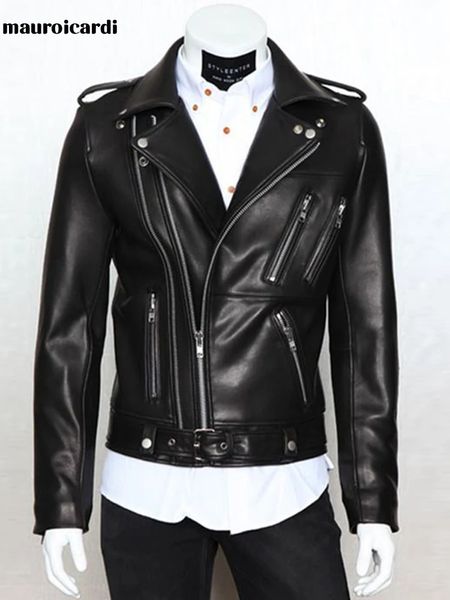 Mauroicardi весенне-осенняя крутая черная мягкая куртка из искусственной кожи для мужчин с множеством молний, ремень с длинными рукавами, верхняя одежда больших размеров 240108