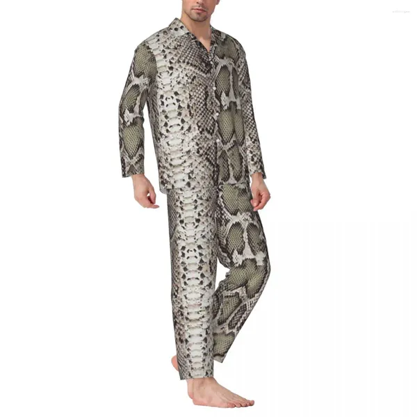 Pijamas masculinos com estampa de pele de cobra, conjunto de pijamas de pele de cobra falsa, moda masculina, manga comprida, casual, quarto solto, 2 peças, roupa de dormir