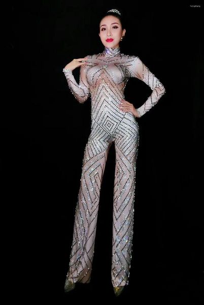 Bühnenkleidung Silber glänzende Strass Langarm High Neck Sexy Overalls für Frauen Nachtclub Pole Kleidung Sänger Kostüme