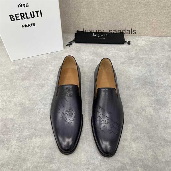 Sapatos masculinos de couro Berluti casuais Berluti/Brutti sapatos masculinos de couro formal mocassins de perna de corte baixo com um pé padrão Scritto ALHU