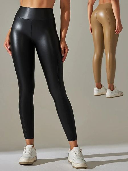 Женские леггинсы из искусственной кожи, сексуальные эластичные узкие брюки для фитнеса с высокой талией, черные кожаные леггинсы больших размеров для женщин, бесплатно