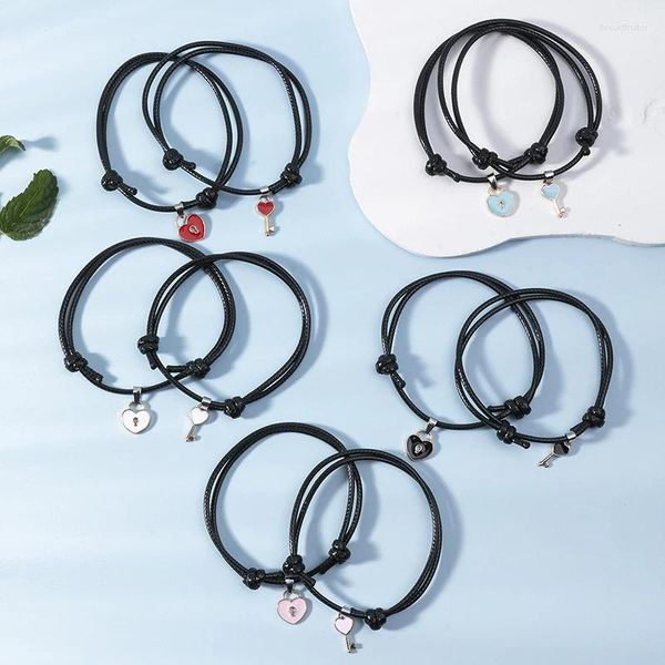 Charme pulseiras 1 par casal pulseira conjunto para mulheres coração chave bloqueio cera linha corda pulso ajustável amigo jóias presente