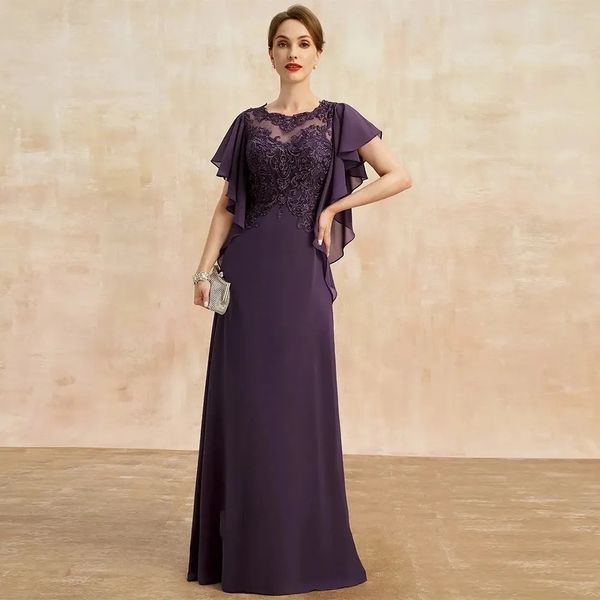 2024 uva vintage roxo mãe do vestido de noiva jóia rendas apliques mangas curtas chiffon a linha madrinha vestidos de festa de casamento 328 328