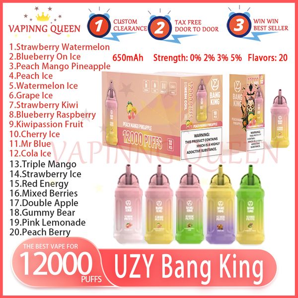 Mais vendido UZY Bang King 12000 Puff Vapes descartáveis Caneta E Cigarro 0% 2% 3% 5% Evaporador Bateria recarregável 20 sabores Vape Pen Puff Stick Bang 12k Puff