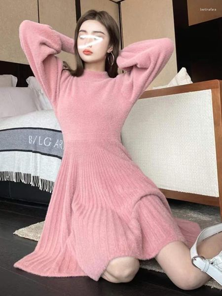 Casual Dresses Autumn Winter Chic Sweater Dress 2024 Korean Fashion Cute Vintage Soft Warm Vestidos Mujer Pearl Sleeve