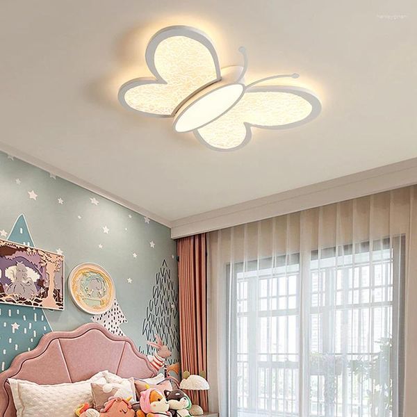 Luzes de teto nórdico branco/rosa lâmpada moderna borboleta lustre para quarto das crianças decoração interior luminária led