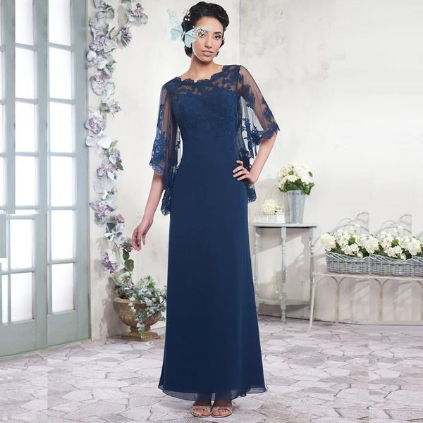 Abiti per la madre della sposa blu navy in chiffon con linea ad A, lunghezza del pavimento, abiti da sera lunghi, abiti da ballo con mantello applicato YD