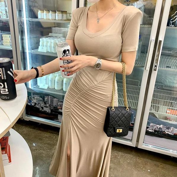 Camicie Casual Allmatch Estate Khaki Scollo a V Pieghe laterali Split Dress Donna Modal Cotton Slim Vita alta Mid Black Tshirt Vestido