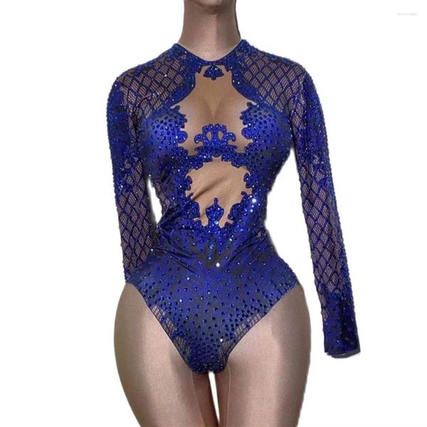 Stage Wear Blu Manica Lunga Brillante Strass Maglia Donne Sexy Body Body Pole Dance Costume Discoteca Bar DJ Indossa