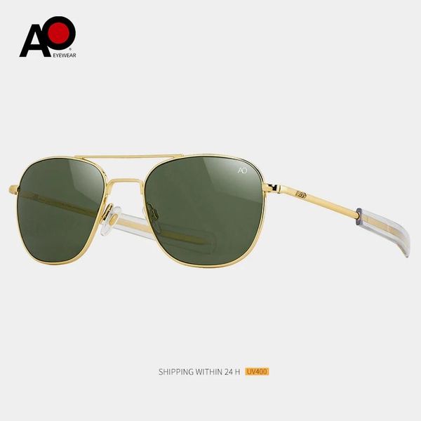 Occhiali da sole Ao Original Pilot Occhiali da sole quadrati dorati da aviazione Occhiali da sole stile militare classico G15 con lenti verdi Aste a baionetta Fg58