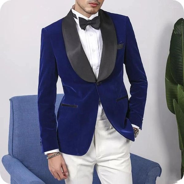 Мужские костюмы, пиджак Terno, королевский синий, белые брюки, черный пиджак с шалью и лацканами, элегантный приталенный бархатный Ropa Hombre
