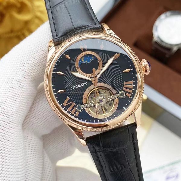 Orologio da uomo di alta qualità della serie Cartiex Tourbillon di alta qualità Orologio meccanico con movimento di design in pelle con fasi lunari, cinturino in acciaio