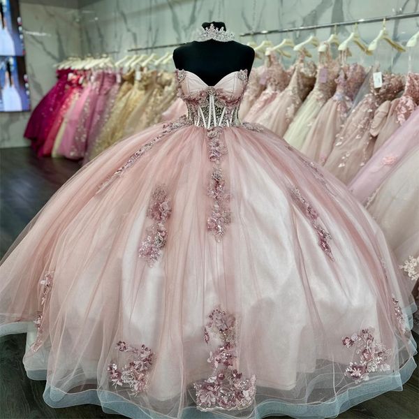 Vestido De baile rosa para quinceañeras, vestidos De tul De princesa con apliques florales 3D, 15 años, fiesta De cumpleaños, dulce 16, 2024