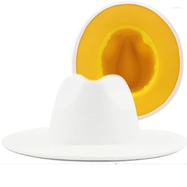 Berets Simple Outter White White Yellow Wool Weeld Jazz Fedora Шляпы с тонкой пряжкой для ремня мужчины женщины Wide Brim Panama Trilby Cap 56-58 см.