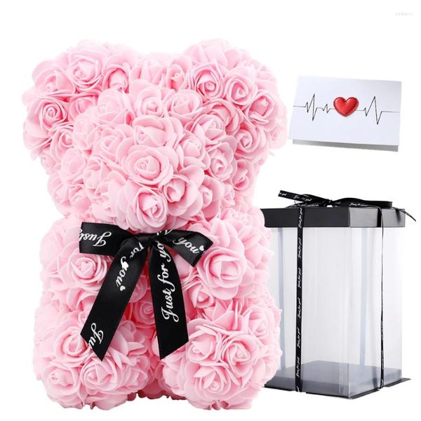 Flores decorativas 25cm rosa urso com caixa artificial teddy para aniversário dia das mães presente dos namorados decoração de casa