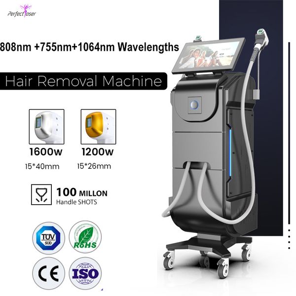 Dispositivo di depilazione laser a diodi 808nm caldo Combinazione laser 755nm 808nm e 1064nm per tutti i tipi di pelle e capelli Sistema TEC di raffreddamento ad alta efficienza Barre coerenti USA