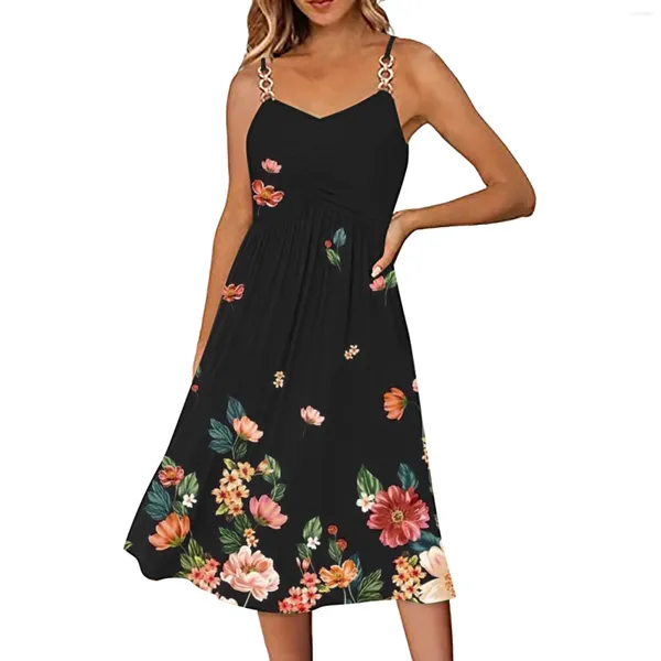 Lässige Kleider Blumendruck ärmellos V-Ausschnitt Spaghettibügel Plus Size Sommerkleid Damen 2024 für Strand-Sommerkleider