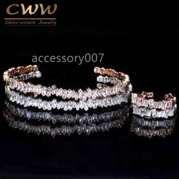 gioielli firmati Bracciale Cwwzircons Moda rosa color oro Baguette Cubic Zirconia Bracciale rigido e set di anelli Migliore amico Gioielli regalo T170