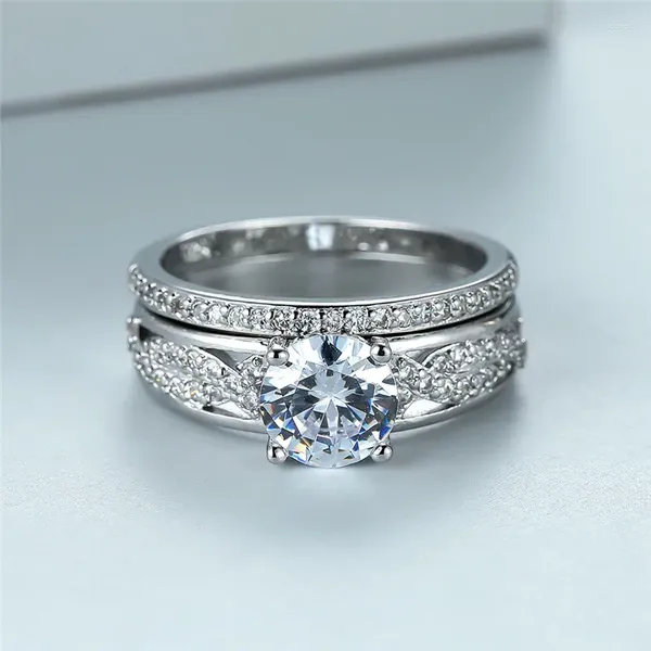 Cluster Ringe Antike Silber Farbe Ehering Sets Einfache Trendy Weiß Zirkon Set Luxus Kristall Runde Stein Verlobung Für Frauen