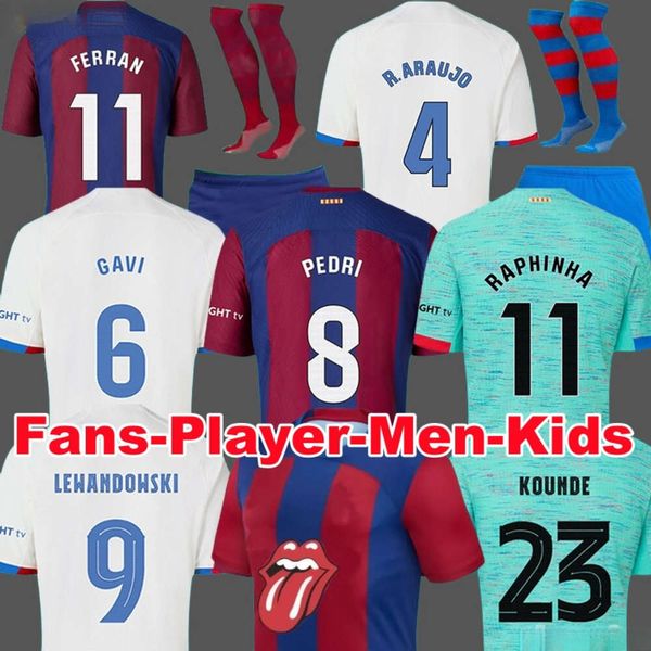 23 24 Camisetas de futebol PEDRI LEWANDOWSKI GAVI BarCElonas 2023 2024 FC BALDE FERRAN RAPHINHA DEST Camisa de futebol Homens Barca Kit Kids