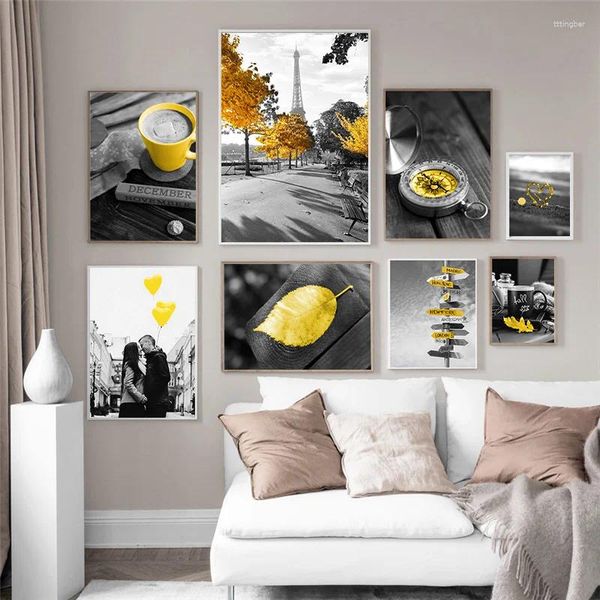 Adesivos de parede auto-adesivo preto e branco pograph paisagem imagem arte cenário amarelo para sala de estar decoração de casa