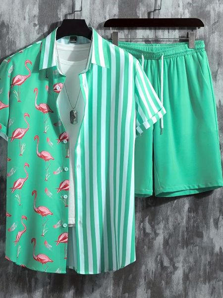 Fatos masculinos 2024 verão de duas peças havaiano flamingo tira impressa conjunto casual streetwear botão manga curta camisa shorts