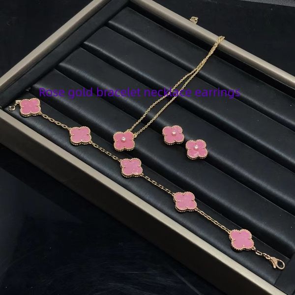 Браслет из розового золота, серьги и ожерелья, двусторонний кулон «Счастливая трава», белая фритиллярия, 18-каратное розовое золото, костяная цепочка с замком, четырехлистный цветок, женское ожерелье