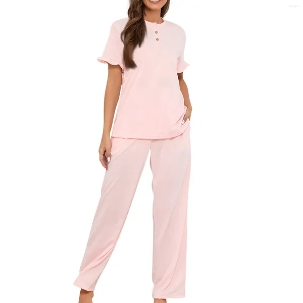 Felpe con cappuccio da donna Moda allentata tinta unita con scollo a V Bottone Manica a fiore Top Pantaloni legati Abbigliamento da casa Pigiama Set Camicetta da donna