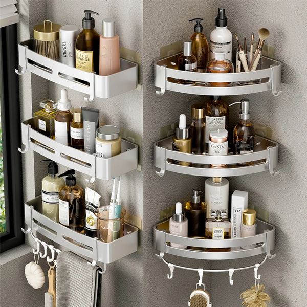 Dusch-Eckregal, Badezimmer-Aufbewahrungsregale, kein Bohren, Aluminium, selbstklebend an der Wand, Shampoo-Halter, 240108