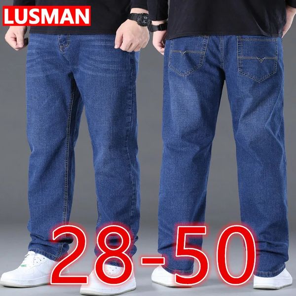 Homem jeans tamanho grande alta estiramento denim tecido calças grandes para pessoas gordas 45150kg hombre perna larga pantalon homme 240108