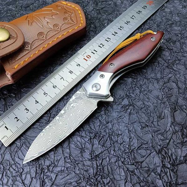 Coltello Coltello pieghevole multifunzionale VG10 Acciaio di Damasco Manico in legno Coltello tattico Coltello da campeggio Sopravvivenza Coltello tascabile EDC Regalo per la festa del papà